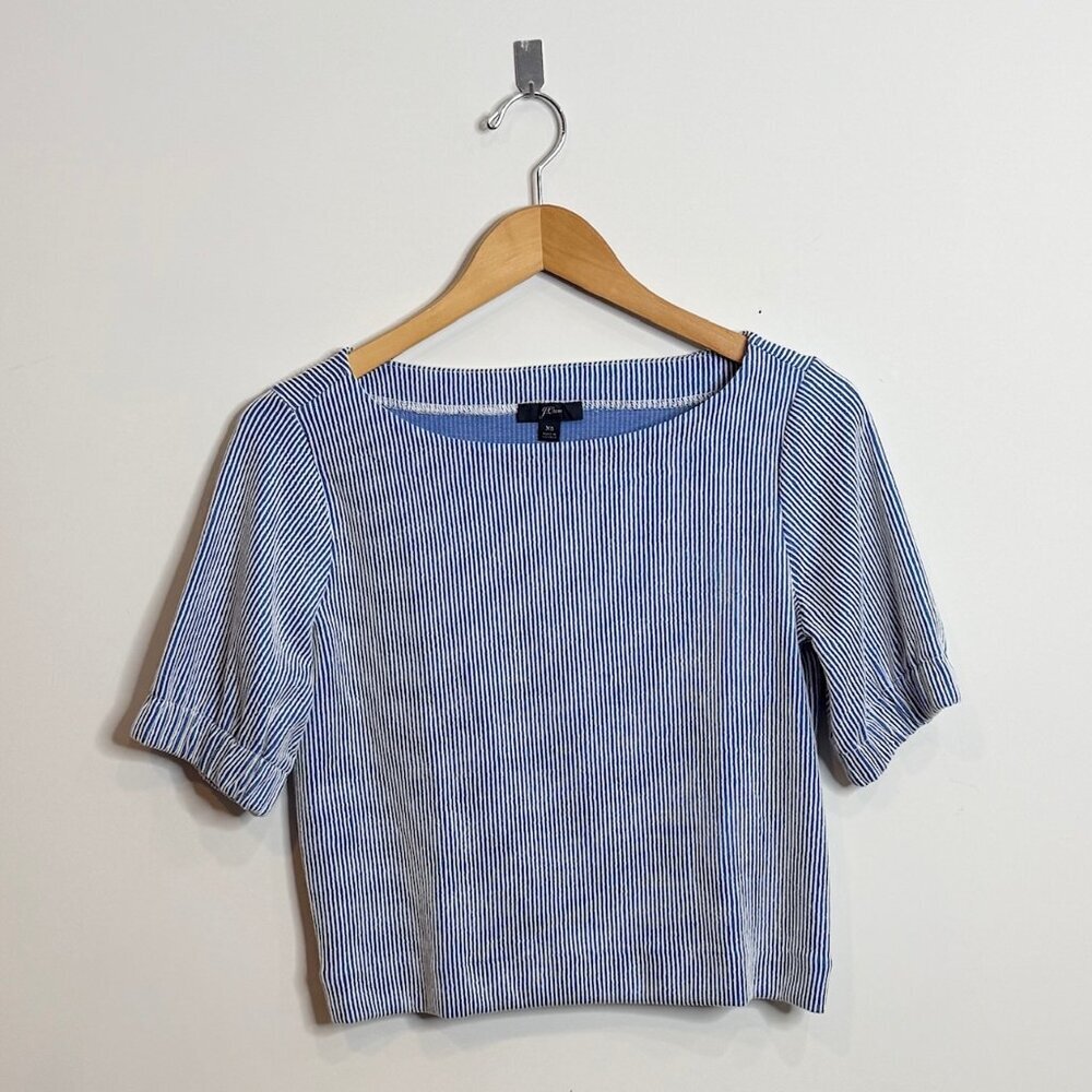 💙 J.Crew Blue/White Striped Puff Sleeve Top | Boat Neck Stretch Waist XS